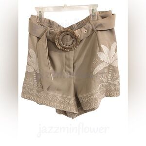 Tan floral embroidered raffia buckle belted trouser dress‎ shorts size large new